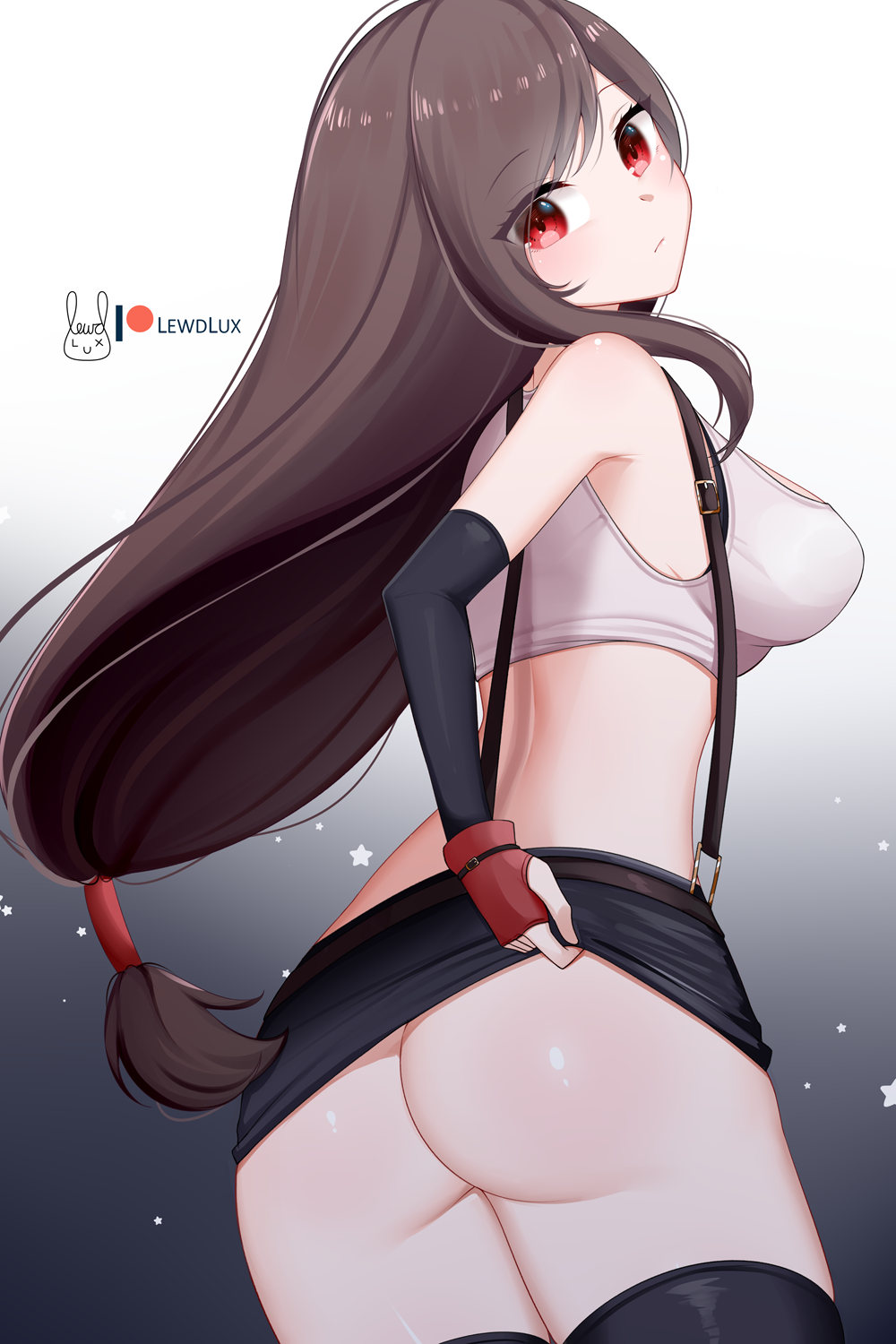 1girl artist_logo artist_name ass bad_proportions black_skirt black_thighhighs breasts brown_hair closed_mouth clothes_lift crop_top final_fantasy final_fantasy_vii final_fantasy_vii_remake fingerless_gloves from_behind gloves highres large_breasts lewdlux lifted_by_self long_hair looking_at_viewer looking_back low-tied_long_hair miniskirt no_panties patreon_logo red_eyes red_gloves skirt skirt_lift solo suspender_skirt suspenders tank_top thighhighs tifa_lockhart very_long_hair white_tank_top