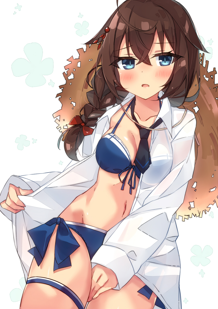 1girl beritabo bikini black_necktie blue_bikini blue_eyes blush braid breasts brown_hair brown_headwear collared_shirt cowboy_shot hair_between_eyes hat highres kantai_collection long_hair long_sleeves looking_at_viewer medium_breasts navel necktie official_alternate_costume open_clothes open_mouth open_shirt shigure_(kancolle) shigure_kai_san_(kancolle) shirt single_braid solo straw_hat swimsuit textless_version thigh_strap white_shirt