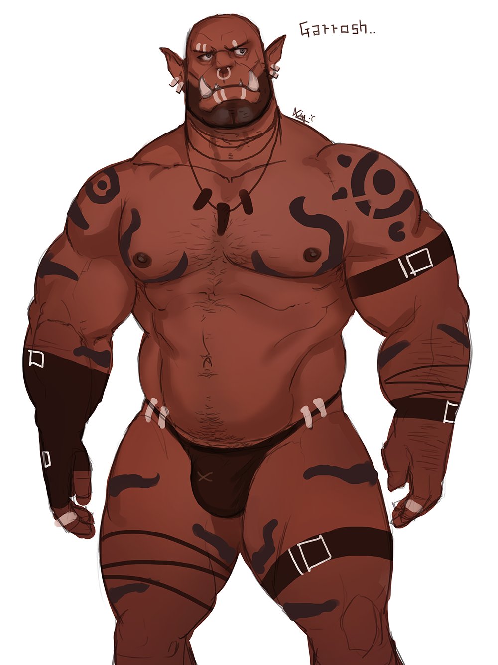 1boy abs arm_belt bald bara beard bikini_briefs bulge dark_skin dsharp facepaint facial_hair frown garrosh_hellscream highres large_pectorals leg_belt male_focus male_underwear mature_male monster_boy muscular muscular_male navel nipples orc pectorals piercing pointy_ears solo sparse_navel_hair stomach strongman_waist thick_eyebrows thick_thighs thighs topless_male tsurime tusks underwear warcraft world_of_warcraft