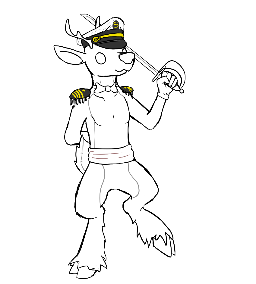 2013 anthro antlers bow_tie captain_hat clothed clothing deer digital_media_(artwork) featureless_chest full-length_portrait fur holding_object holding_sword holding_weapon hooves horn male mammal melee_weapon portrait scruffythedeer simple_background smile solo sword weapon