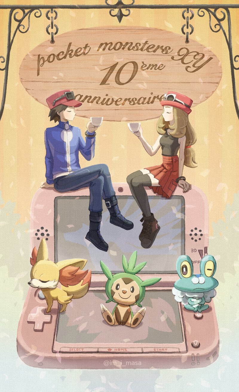 1boy 1girl anniversary arm_support black_footwear blonde_hair blue_jacket boots bracelet calem_(pokemon) chespin commentary_request copyright_name crossed_legs cup eyewear_on_headwear fennekin froakie grey_pants hand_up handheld_game_console hat highres holding holding_cup im_i_masa jacket jewelry long_hair low-tied_long_hair nintendo_3ds pants pink_headwear pleated_skirt pokemon pokemon_(creature) pokemon_(game) pokemon_xy serena_(pokemon) shirt shoes sitting skirt sleeveless sleeveless_shirt starter_pokemon_trio sunglasses thighhighs zipper_pull_tab