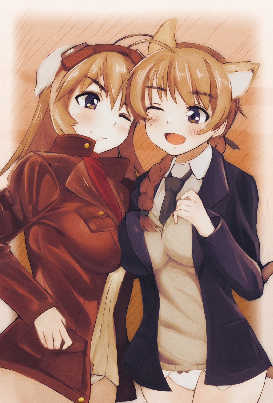 2girls animal_ears blonde_hair blush braid braided_ponytail breasts brown_eyes cat_ears closed_mouth highres large_breasts long_hair looking_at_viewer lynette_bishop multiple_girls open_mouth panties ponytail siblings sisters smile strike_witches tama_kitsune underwear white_panties wilma_bishop world_witches_series