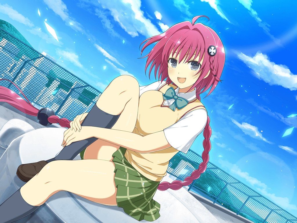 1girl :d ahoge arm_around_leg black_socks blue_sky blush bow bowtie braid braided_ponytail breasts brown_footwear building city cityscape cloud confetti cosplay crossover day green_bow green_bowtie green_skirt grey_eyes hair_intakes hair_ornament holding_leg hugging_own_legs ibuki_(senran_kagura) knee_to_chest kneehighs kurosaki_mea kurosaki_mea_(cosplay) loafers long_hair looking_at_viewer low-tied_long_hair mountain mountainous_horizon official_alternate_costume official_art on_rooftop open_mouth outdoors plaid plaid_skirt red_hair sainan_high_school_uniform school_uniform senran_kagura senran_kagura_new_link senran_kagura_new_wave shiny_skin shoes short_sleeves side_braid sitting skirt sky skyscraper smile socks solo sweater_vest to_love-ru to_love-ru_darkness very_long_hair vest yaegashi_nan yellow_sweater_vest yellow_vest