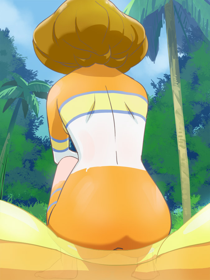 1girl ass barefoot blonde_hair bodypaint cloud from_behind full_body haruyama_kazunori long_hair naked_paint nude painted_clothes precure solo tree