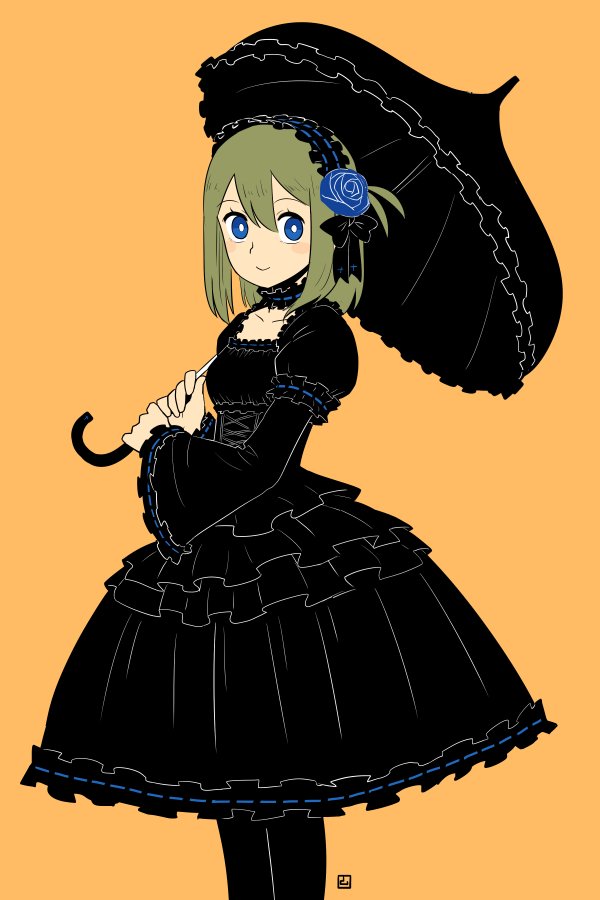 1girl black_dress black_hairband black_pantyhose black_umbrella blue_eyes blue_flower blue_rose blush_stickers closed_mouth collarbone commentary_request dress flower frilled_dress frilled_hairband frilled_umbrella frills gothic_lolita green_hair hair_between_eyes hair_flower hair_ornament hairband holding holding_umbrella juliet_sleeves lolita_fashion long_sleeves looking_at_viewer muu_(mumumer) orange_background original pantyhose puffy_sleeves ribbon-trimmed_dress ribbon-trimmed_sleeves ribbon_trim rose simple_background smile solo standing umbrella yunomiya_agari