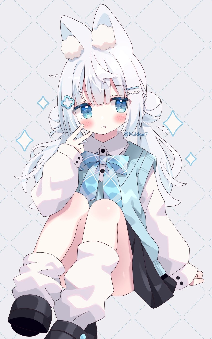 1girl animal_ear_fluff animal_ears black_footwear black_skirt blue_bow blue_eyes blush bow closed_mouth collared_shirt commentary_request convenient_leg double_bun dress_shirt grey_background grey_hair hair_bun hair_ornament hairclip hand_up highres long_hair long_sleeves loose_socks low_twintails nakkar original plaid plaid_bow pleated_skirt puffy_long_sleeves puffy_sleeves school_uniform shirt shoe_soles simple_background sitting skirt sleeves_past_wrists socks solo sparkle sweater_vest tongue tongue_out twintails twitter_username v very_long_hair white_shirt white_socks