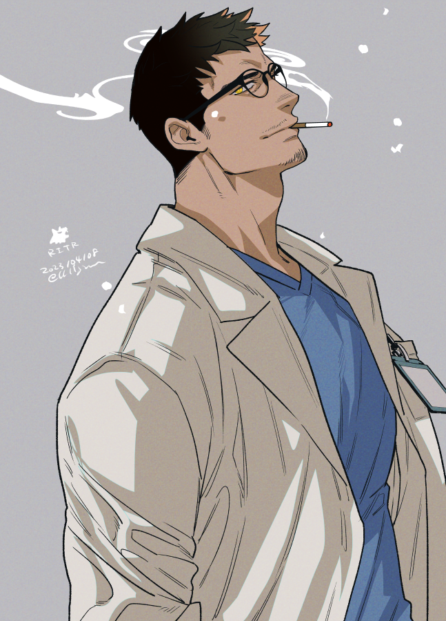 1boy bara beard black_hair blue_shirt coat facial_hair facing_to_the_side grey_background looking_at_viewer male_focus mustache name_tag original shirt short_hair signature simple_background smoke_trail smoking solo twitter_username upper_body white_coat yan_(bltyann) yellow_eyes