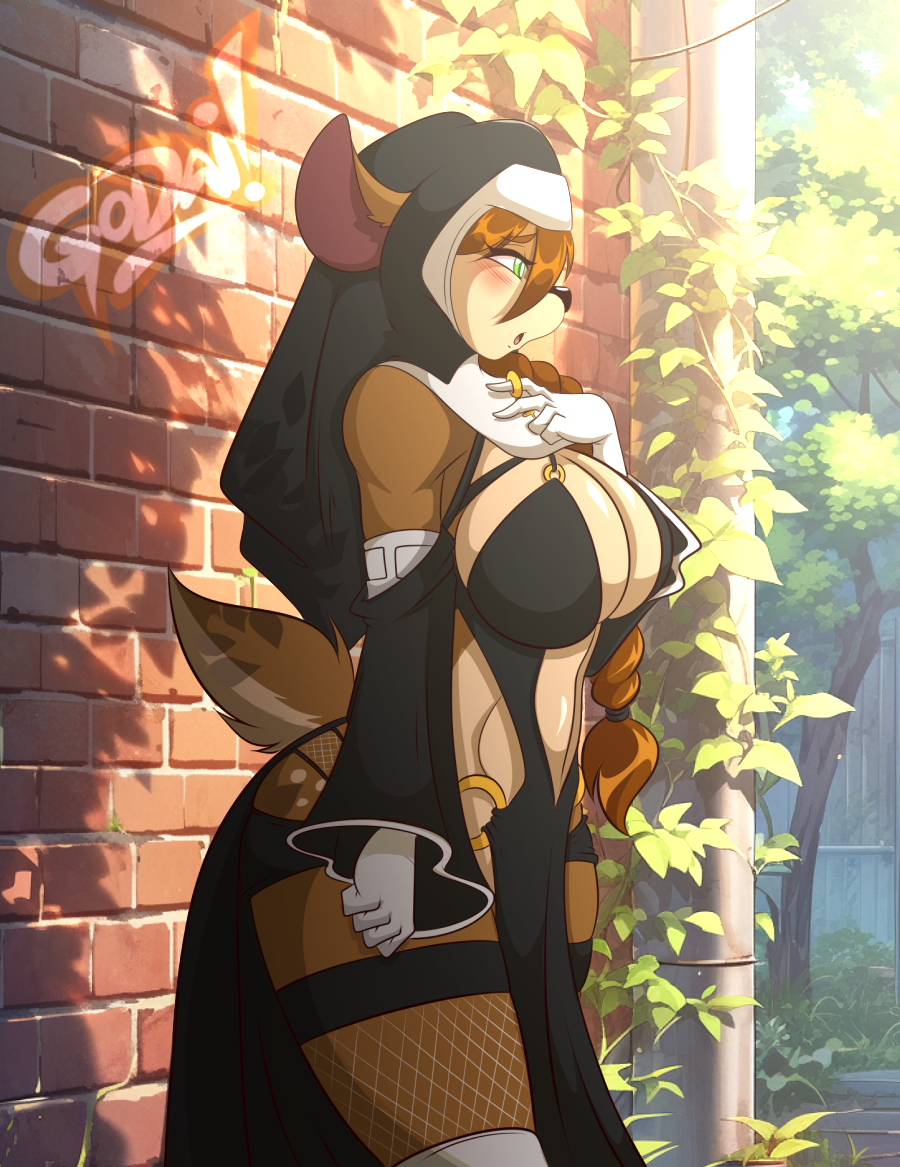 anthro breasts brown_body brown_fur cleavage clothed clothing deer female fishnet fishnet_legwear fur legwear mammal mastergodai nun solo