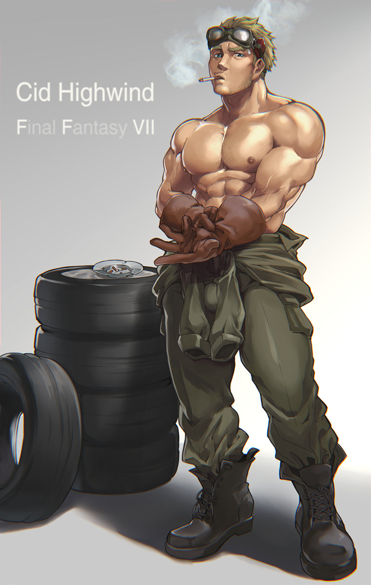 1boy 8_(yamalu) abs bara blonde_hair boots brown_gloves character_name cid_highwind cigarette copyright_name facial_hair final_fantasy final_fantasy_vii gloves goggles goggles_on_head green_pants highres large_pectorals looking_at_viewer male_focus muscular muscular_male nipples pants pectorals short_hair smoking solo topless_male