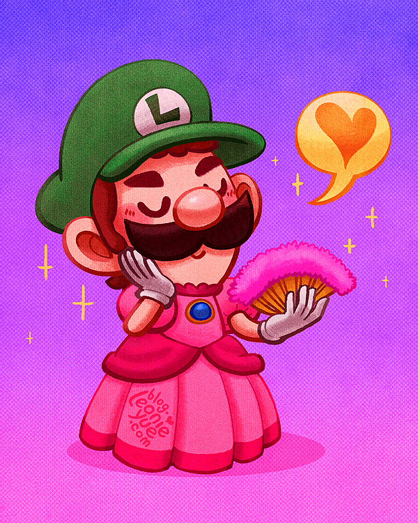 1boy artist_name blush brown_hair closed_eyes closed_mouth crossdressing dress facial_hair gem gloves gradient_background green_headwear hand_fan hand_on_own_face happy hat heart holding holding_fan leonieyue luigi making-of male_focus mario_&amp;_luigi:_superstar_saga mario_&amp;_luigi_rpg mario_(series) mixed-language_commentary mustache pink_background pink_dress purple_background rocket_launcher rpg shadow simple_background smile solo sparkle speech_bubble thick_eyebrows weapon white_gloves