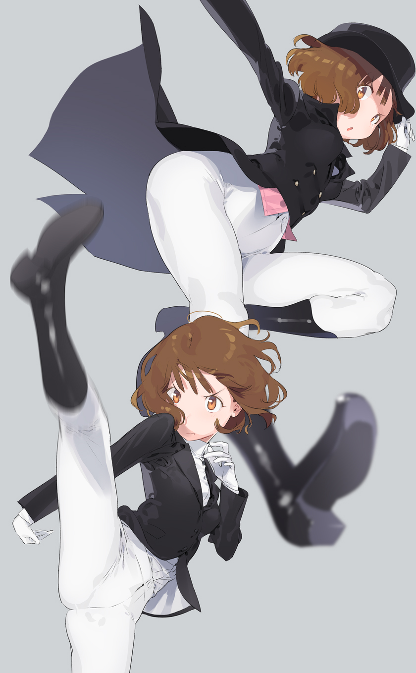 1girl black_footwear black_headwear black_jacket boots breasts brown_eyes brown_hair closed_mouth commission gloves grey_background hand_on_headwear hat highres jacket kicking knee_boots leg_up long_sleeves multiple_views nanaichi original pants parted_lips short_hair simple_background skeb_commission white_gloves white_pants