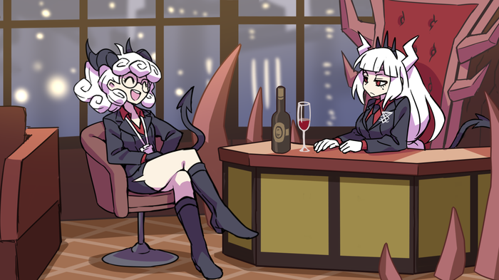 2girls :d black_footwear black_horns black_necktie black_skirt boots bottle breasts chair closed_eyes collared_shirt couch demon_horns demon_tail glass glasses helltaker high_heel_boots high_heels horns indoors kneehighs kyo-hei_(kyouhei) large_breasts long_hair lucifer_(helltaker) miniskirt multiple_girls necktie pandemonica_(helltaker) ponytail red_shirt reference_request round_eyewear shirt sitting skirt smile socks tail teeth upper_teeth_only white_hair window wine_bottle