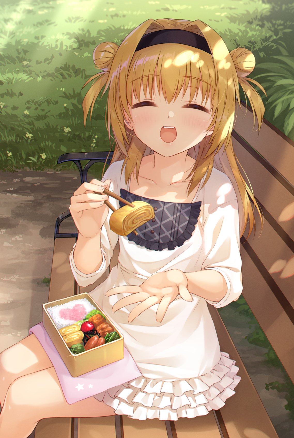1girl :d ^_^ alternate_costume bench bento blonde_hair blush breasts casual chitose_sana chopsticks cleavage_cutout closed_eyes clothing_cutout cofetaru collarbone commentary dappled_sunlight day double_bun dress facing_viewer feet_out_of_frame fingernails foreshortening frilled_dress frills grass hair_between_eyes hair_bun hair_intakes happy heart highres holding holding_chopsticks incoming_food long_hair long_sleeves open_hand outdoors park park_bench perspective pov reaching reaching_towards_viewer short_dress sidelocks sitting sitting_on_bench small_breasts smile solo sunlight teeth tenshinranman two_side_up upper_teeth_only white_dress