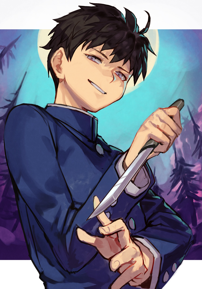 1boy ahoge black_hair blue_jacket buttons evil_grin evil_smile full_moon gakuran grey_eyes grin half-closed_eyes holding holding_knife holding_weapon hungry_clicker jacket knife long_sleeves looking_at_viewer male_focus melty_blood moon nanaya_shiki reverse_grip school_uniform short_hair smile solo tsukihime uniform weapon