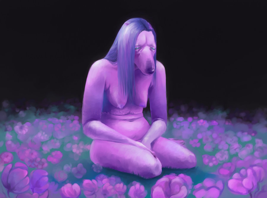 anthro areola blue_eyes breasts canid canine female flower hair ilp0 kneeling long_hair mammal navel nipples nude plant purple_body simple_background solo tagme