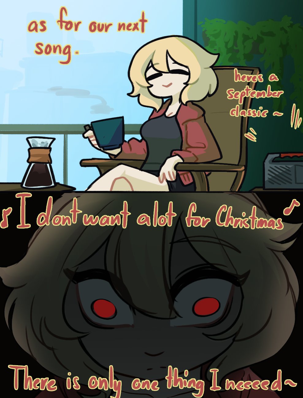 angry audible_music black_background blonde_hair centurii-chan_(artist) chair christmas coffee cup happy highres holding holding_cup lyrics meme on_chair original radio red_eyes sound steam