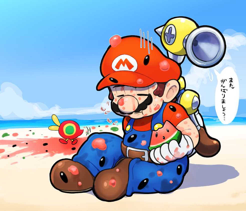 1boy beach belt blue_overalls brown_footwear cataquack f.l.u.d.d. facial_hair food fruit gloves hat hoshi_(star-name2000) mario mario_(series) mustache overalls red_headwear sky speech_bubble super_mario_sunshine translation_request watermelon watermelon_seeds watermelon_slice