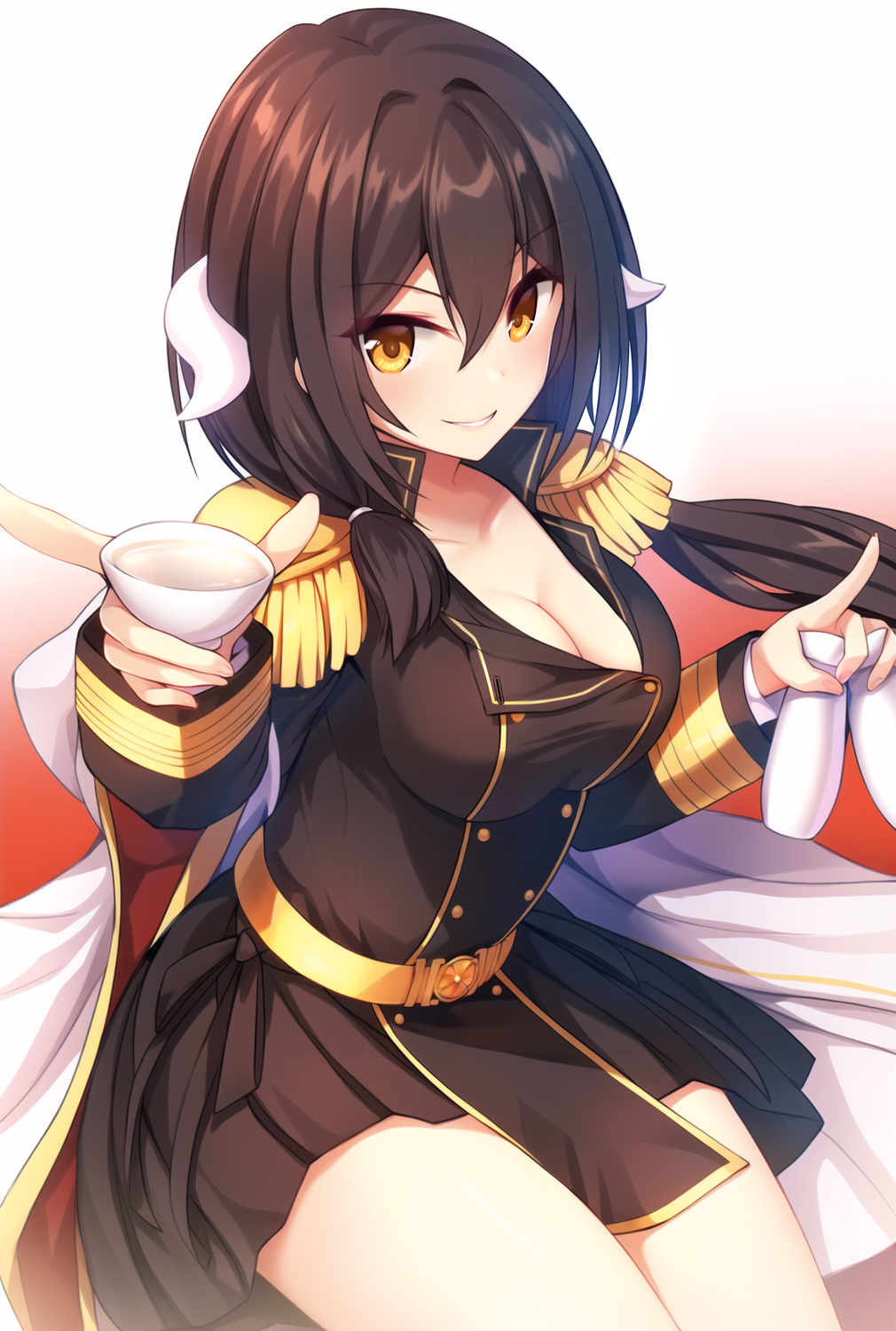 1girl azur_lane belt bottle breasts brown_jacket brown_skirt buttons cleavage coat coat_on_shoulders cup curled_horns double-breasted epaulettes gloves gold_trim hair_between_eyes highres holding horns jacket large_breasts long_hair long_sleeves mikasa_(azur_lane) military military_uniform miniskirt noukatu pleated_skirt sakazuki sake_bottle skirt solo uniform white_coat white_gloves yellow_eyes