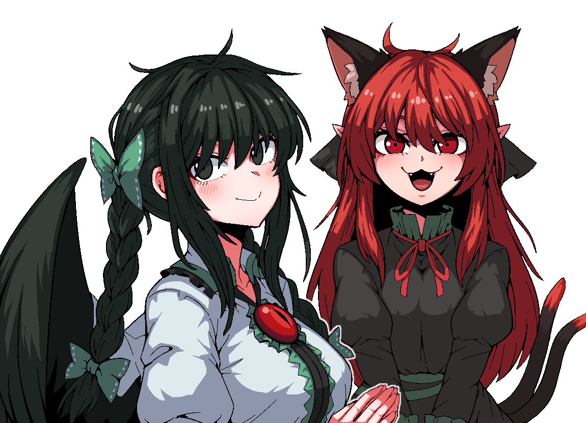 2girls :3 :d alternate_hairstyle animal_ear_fluff animal_ears bird_wings black_eyes black_hair black_wings blush bow braid breasts cat_ears cat_tail chest_jewel closed_mouth dress extra_ears eyebrows_hidden_by_hair fangs formicid green_bow green_dress grey_dress hair_bow hair_down hair_over_eyes hair_ribbon hairstyle_switch juliet_sleeves kaenbyou_rin large_breasts long_hair long_sleeves looking_at_viewer looking_to_the_side medium_breasts multiple_girls multiple_tails nekomata open_mouth puffy_sleeves red_eyes red_hair reiuji_utsuho ribbon simple_background smile straight-on tail tongue touhou tress_ribbon twin_braids two_tails v_arms very_long_hair white_background wings