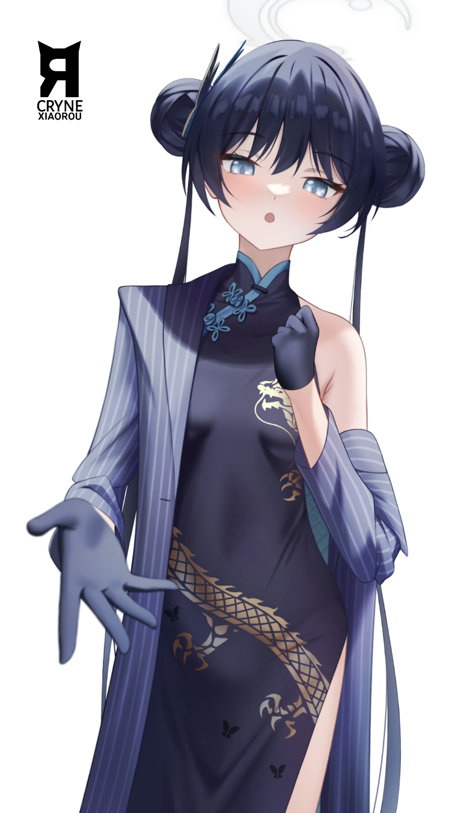 1girl black_dress black_gloves black_hair blue_archive blue_eyes breasts china_dress chinese_clothes coat commentary cowboy_shot cryne double_bun dragon_print dress english_commentary gloves grey_coat grey_halo hair_bun halo highres kisaki_(blue_archive) long_hair long_sleeves looking_at_viewer open_mouth sleeveless sleeveless_dress small_breasts solo striped striped_coat twintails vertical-striped_coat vertical_stripes