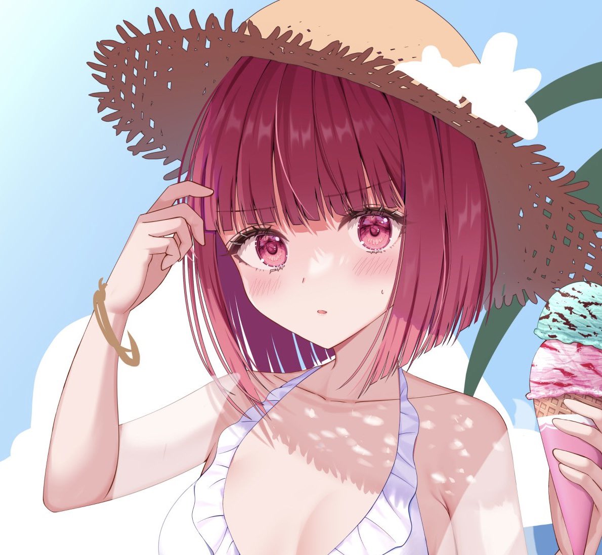 1girl arima_kana bare_shoulders bikini blue_sky blunt_bangs blunt_ends blush breasts cleavage close-up cloud collarbone commentary day double_scoop flower food frilled_bikini frills furrowed_brow hair_strand hands_up hat hat_flower ice_cream ice_cream_cone izumo_neru looking_at_viewer original oshi_no_ko outdoors palm_tree parted_lips portrait red_eyes red_hair scratching_head short_hair sky solo straw_hat sun_hat swimsuit tree white_bikini white_flower