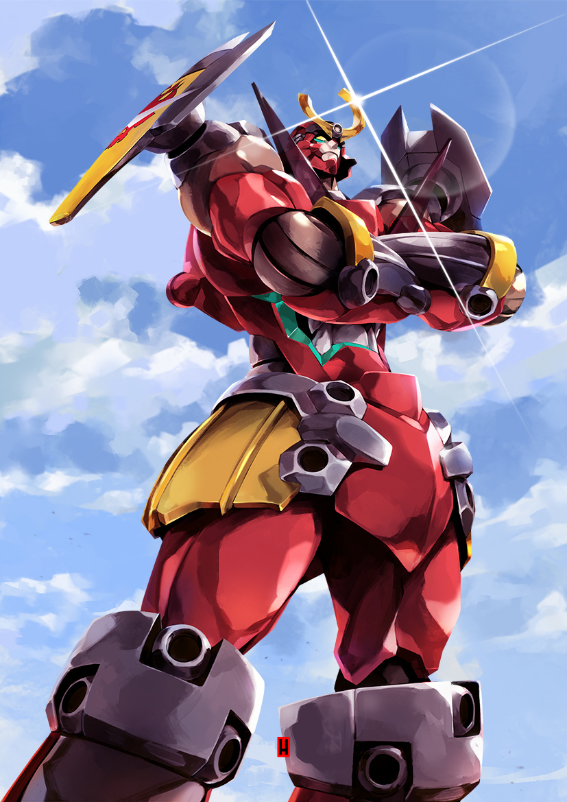 artist_logo blue_sky cloud crossed_arms gleam gurren-lagann harymachinegun mecha no_humans robot sky super_robot tengen_toppa_gurren_lagann