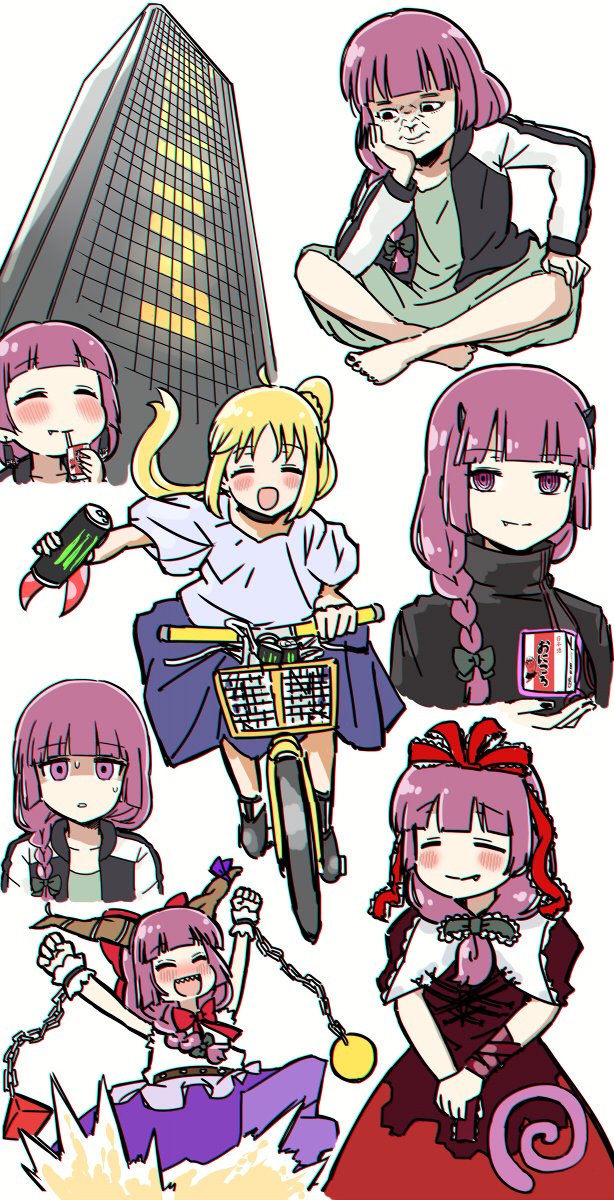 2girls =_= alcohol_carton barefoot bicycle black_jacket blonde_hair blue_skirt blush bocchi_the_rock! bow braid braided_ponytail can chain closed_eyes closed_mouth cosplay dress drinking earrings fang fang_out green_dress hair_bow highres hiroi_kikuri holding holding_can horns ibuki_suika ibuki_suika_(cosplay) ijichi_nijika jacket jewelry kagiyama_hina kagiyama_hina_(cosplay) long_hair looking_at_viewer monster_energy multiple_girls nervous_sweating open_clothes open_jacket open_mouth purple_eyes purple_hair red_dress riding riding_bicycle ringed_eyes shaded_face short_sleeves skirt smile sweat telekinesis torako_(toramaru) touhou turtleneck white_skirt