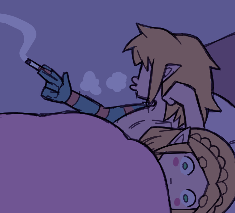 after_sex ayyk92 bed blonde_hair blush blush_stickers cigarette duo female furniture green_eyes hair holding_cigarette holding_object humanoid humanoid_pointy_ears hylian link male nintendo princess_zelda purple_background simple_background smoking tears_of_the_kingdom the_legend_of_zelda under_covers