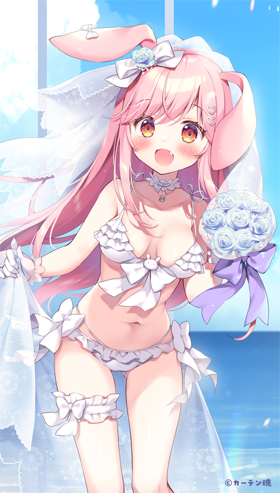 1girl :d animal_ears ass_visible_through_thighs bare_shoulders bikini blue_flower blue_rose blue_sky blush bouquet bow breasts cloud collarbone commentary_request day fang flower frilled_bikini frills gloves hair_bow hair_flower hair_ornament holding holding_bouquet horizon leaning_forward long_hair looking_at_viewer medium_breasts navel ocean original pan_(mimi) pink_hair rabbit_ears red_eyes rose see-through sky smile solo swimsuit twitter_username veil very_long_hair water white_bikini white_bow white_gloves