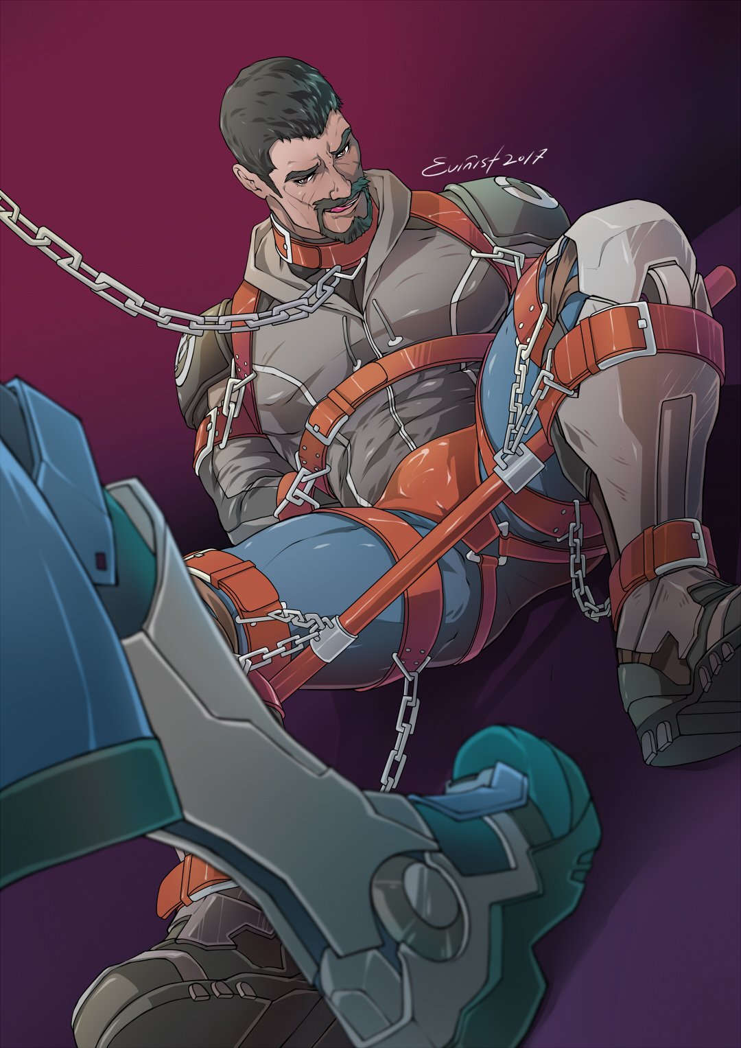 2boys animal_collar armored_boots artist_name bara beard black_hair blue_pants boots bound bound_ankles bound_arms bound_legs chain collar dark-skinned_male dark_skin evinist facial_hair grey_jacket highres hood hood_down hooded_jacket jacket large_pectorals male_focus multiple_boys muscular muscular_male overwatch overwatch_1 pants pectorals reaper_(overwatch) restrained scar scar_on_cheek scar_on_face short_hair soldier:_76_(overwatch) solo_focus tongue tongue_out yaoi