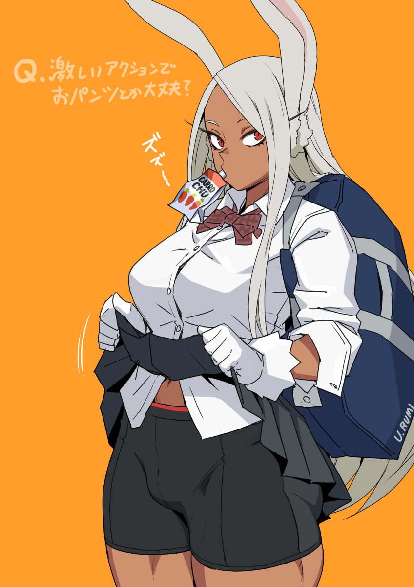 1girl alternate_costume animal_ears backpack bag bike_shorts black_shorts black_skirt boku_no_hero_academia bow bowtie breasts brown_bow brown_bowtie button_gap character_name clothes_lift collared_shirt commentary cowboy_shot crotch_seam dark-skinned_female dark_skin dress_shirt drinking expressionless gloves grey_hair highres juice_box lifted_by_self long_eyelashes long_hair long_sleeves looking_at_viewer medium_breasts midriff_peek mikoyan miniskirt mirko mouth_hold navel orange_background parted_bangs plaid plaid_bow plaid_bowtie pleated_skirt rabbit_ears rabbit_girl red_eyes school_uniform shirt shorts simple_background skirt skirt_lift solo standing straight_hair thick_thighs thighs translated tsurime white_gloves white_shirt wing_collar