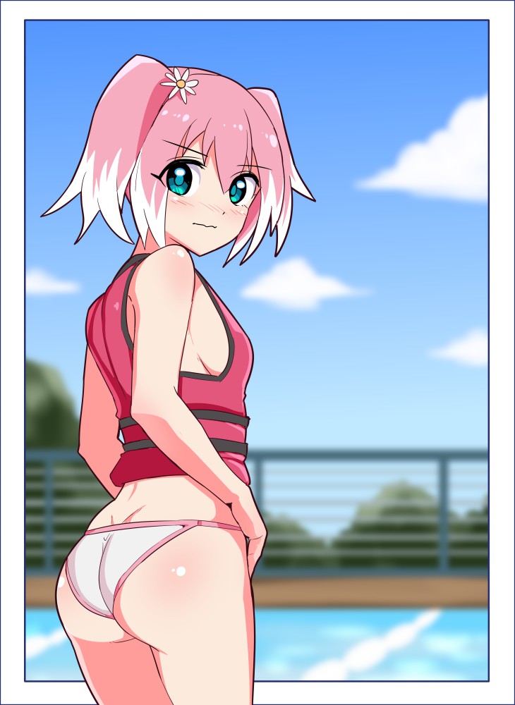 1girl ass bikini bikini_bottom_only black_border blue_eyes blue_sky blurry blurry_background blush border breasts cloud cloudy_sky commentary cougar_(cougar1404) day depth_of_field english_commentary flower from_behind frown hair_flower hair_ornament hiiragi_nana life_vest looking_at_viewer looking_back medium_breasts multicolored_hair munou_na_nana outdoors outside_border pink_bikini pink_hair pool red_vest short_hair short_twintails sideboob sky solo standing string_bikini swimsuit twintails two-tone_hair vest white_bikini white_hair