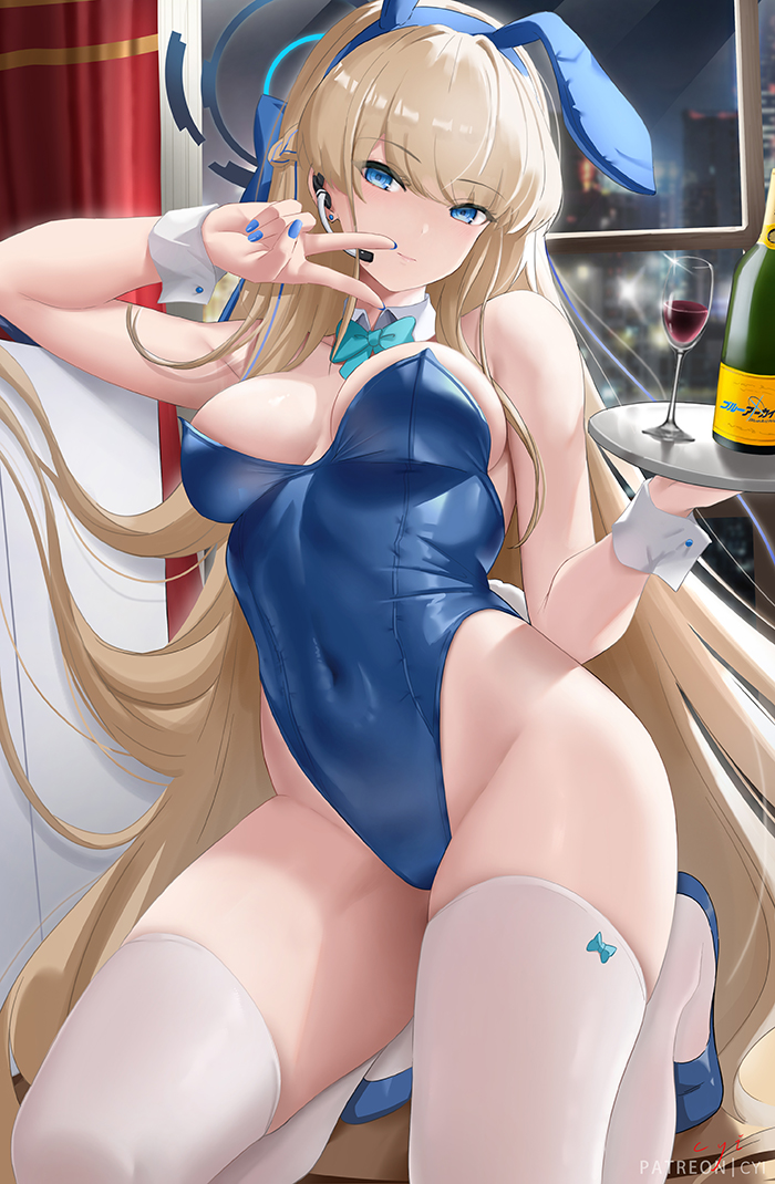 1girl animal_ears bare_shoulders blonde_hair blue_archive blue_bow blue_eyes blue_hairband blue_leotard blue_nails bottle bow bowtie braid breasts closed_mouth covered_navel cup cyicheng detached_collar drinking_glass earpiece earrings fake_animal_ears hairband halo highleg highleg_leotard holding holding_tray jewelry leotard long_hair medium_breasts microphone official_alternate_costume official_alternate_hairstyle playboy_bunny rabbit_ears stud_earrings thighhighs thighs toki_(blue_archive) toki_(bunny)_(blue_archive) tray v very_long_hair white_thighhighs wine_bottle wine_glass wrist_cuffs