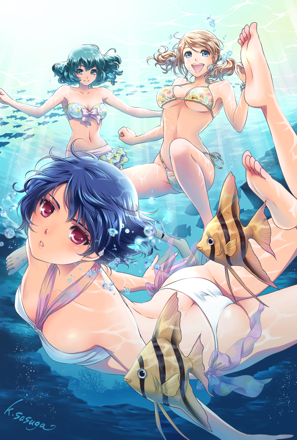 3girls artist_name ashihara_miu ass bare_shoulders barefoot bikini bikini_skirt blonde_hair blue_bikini blue_eyes blue_hair breasts butt_crack closed_mouth collarbone commentary_request domestic_na_kanojo feet fish front-tie_bikini_top front-tie_top green_bikini green_eyes grey_hair halterneck highres kashiwabara_momo large_breasts looking_at_viewer multiple_girls navel open_mouth print_bikini red_eyes sasuga_kei short_hair side-tie_bikini_bottom submerged swimming swimsuit tachibana_rui twintails underwater white_bikini