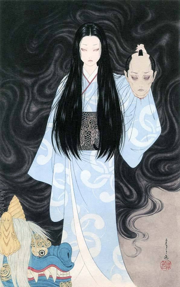 1boy 1girl black_hair blue_kimono decapitation holding_another's_head japanese_clothes kimono long_hair nihonga original straight_hair third-party_source ukiyo-e yamamoto_takato