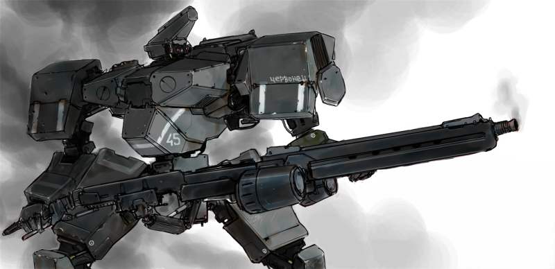 aliens character_request cloud commentary_request concept_art crossover front_mission front_mission_4 front_mission_5 gun izo_(bjc000510) m56_smartgun machine_gun machinery mecha no_humans original robot science_fiction sketch smoke upper_body weapon