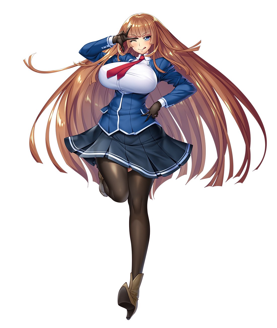 00s 1girl aoi_nagisa_(metalder) black_pantyhose breasts brown_hair curvy full_body game_cg highres huge_breasts koukawa_asuka large_breasts lilith-soft long_hair looking_at_viewer nipples pantyhose school_uniform shiny_skin skirt smile solo taimanin_(series) taimanin_asagi taimanin_rpgx