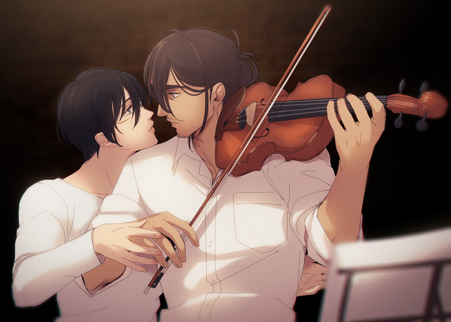 1boy 1girl black_eyes black_hair blurry brown_hair chromatic_aberration depth_of_field eren_yeager eye_contact facial_hair goatee hanpetos hetero holding_violin instrument looking_at_another mikasa_ackerman music music_stand playing_instrument scar scar_on_cheek scar_on_face sheet_music shingeki_no_kyojin shirt short_hair short_ponytail sleeves_rolled_up white_shirt