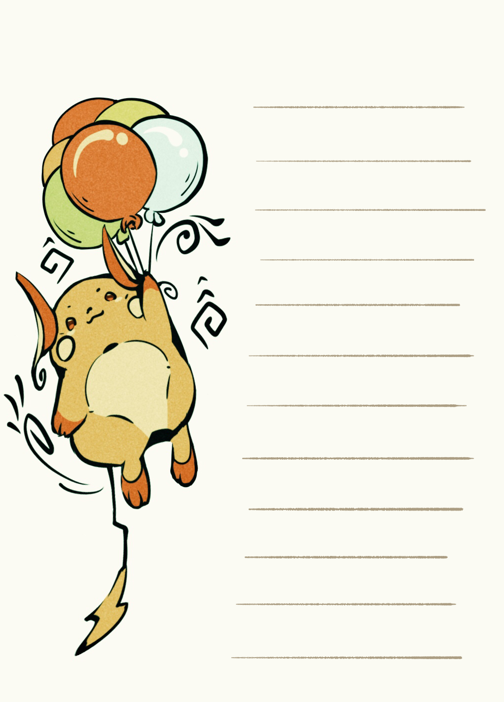 :3 animal_focus balloon brown_eyes ef_(woseisakuchu) floating highres holding holding_balloon lined_paper pokemon pokemon_(creature) raichu simple_background white_background