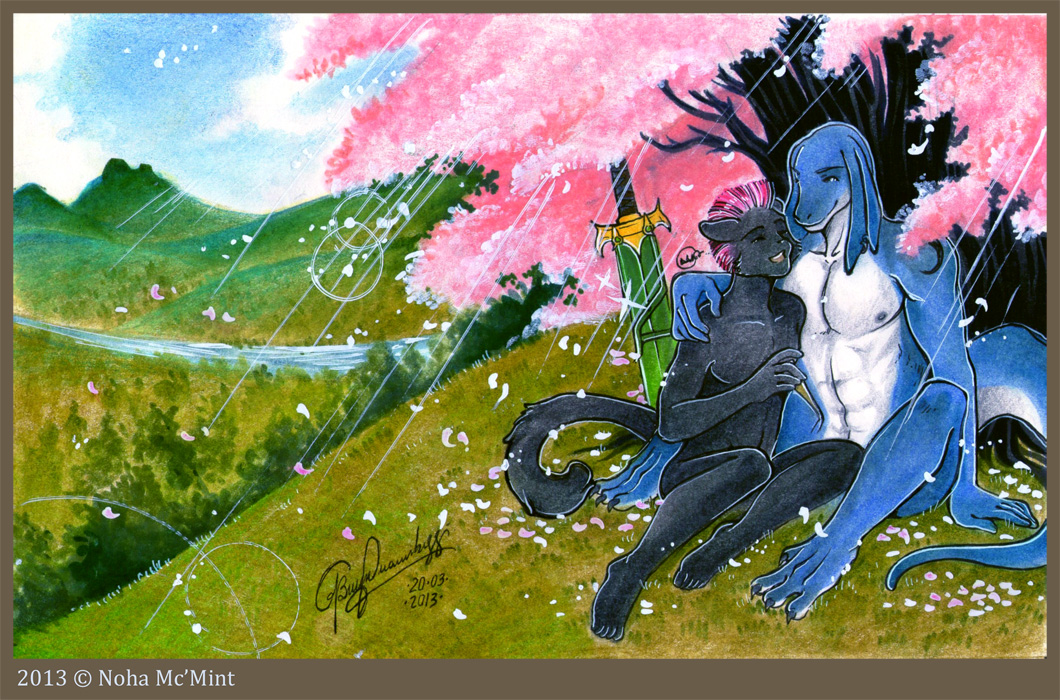 2013 abs anthro bangaa cherry_blossom claws duo felid feline final_fantasy hair male male/male mammal melee_weapon muscular muscular_male nipples noha nude outdoor_nudity outside pecs plant romantic romantic_couple scalie smile square_enix sword tail thrakos traditional_media_(artwork) weapon