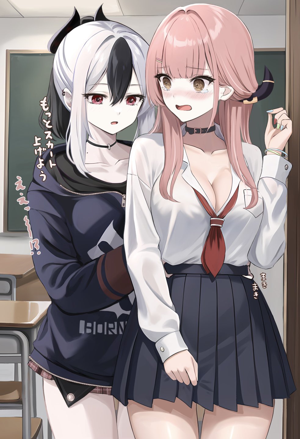 2girls @_@ aru_(blue_archive) black_choker black_collar black_hair black_hoodie black_skirt blue_archive blue_nails breast_pocket breasts chair chalkboard choker classroom cleavage collar collared_shirt commentary demon_horns desk ear_piercing fingernails gyaru hair_between_eyes hair_intakes hand_up hands_on_another's_waist highres hood hood_down hoodie horns indoors kayoko_(blue_archive) large_breasts long_hair long_sleeves looking_at_another looking_back looking_down miniskirt mole mole_on_collarbone multicolored_hair multicolored_nails multiple_girls nail_polish neckerchief no_halo open_mouth pale_skin piercing pink_hair plaid plaid_skirt pleated_skirt pocket ponytail print_hoodie red_eyes red_nails red_neckerchief red_skirt ryouta_(ryouta335) school_chair school_desk school_uniform shirt shirt_tucked_in sidelocks skirt streaked_hair tearing_up translation_request two-tone_hair white_hair white_shirt yellow_eyes yellow_nails zipper_pull_tab