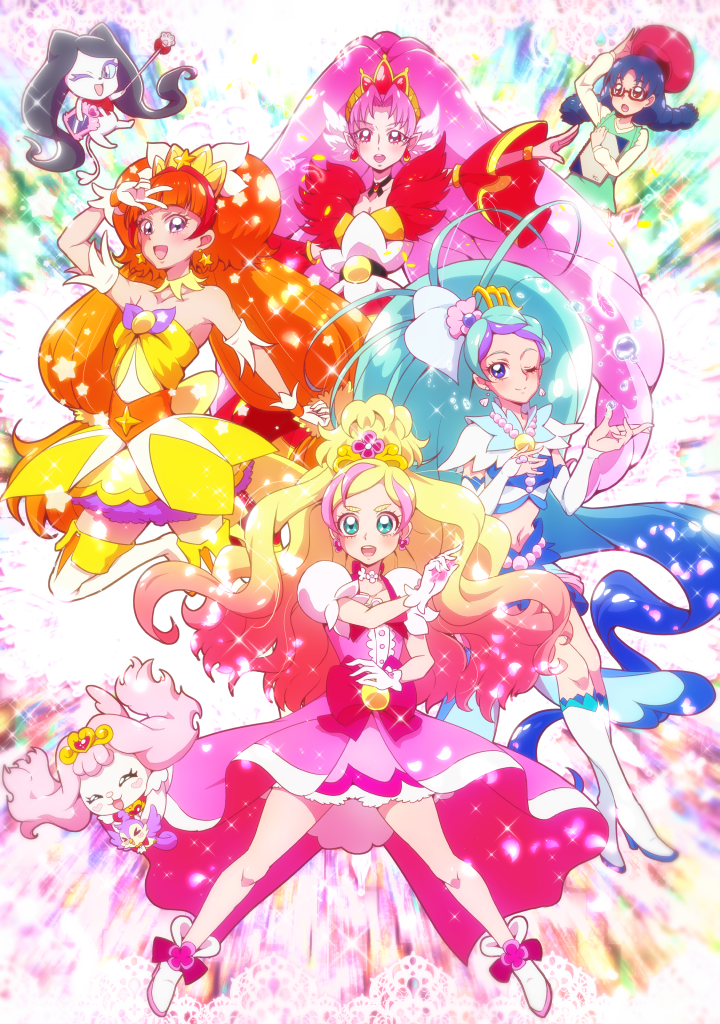 5girls :d akagi_towa amanogawa_kirara arm_warmers bare_shoulders belt black_hair blonde_hair blue_eyes blue_hair blush boots bow braid brown_hair butterfly_brooch choker cure_flora cure_mermaid cure_scarlet cure_twinkle detached_sleeves dog earrings flower flower_brooch flower_earrings flower_necklace glasses gloves go!_princess_precure green_eyes haruno_haruka jewelry kaidou_minami long_hair looking_at_viewer magical_girl midriff miss_siamour multicolored_hair multiple_girls nanase_yui navel noble_academy_school_uniform open_mouth orange_hair parted_bangs paw_wand pink_bow pink_hair pink_skirt pointy_ears precure puff_(go!_princess_precure) puffy_sleeves purple_eyes purple_hair quad_tails red_eyes red_hair red_sleeves school_uniform semi-rimless_eyewear shell shell_earrings short_hair skirt smile star_(symbol) star_earrings streaked_hair tail thigh_boots thighhighs tj-type1 twintails two-tone_hair under-rim_eyewear very_long_hair waist_bow waist_brooch wand white_gloves white_skirt