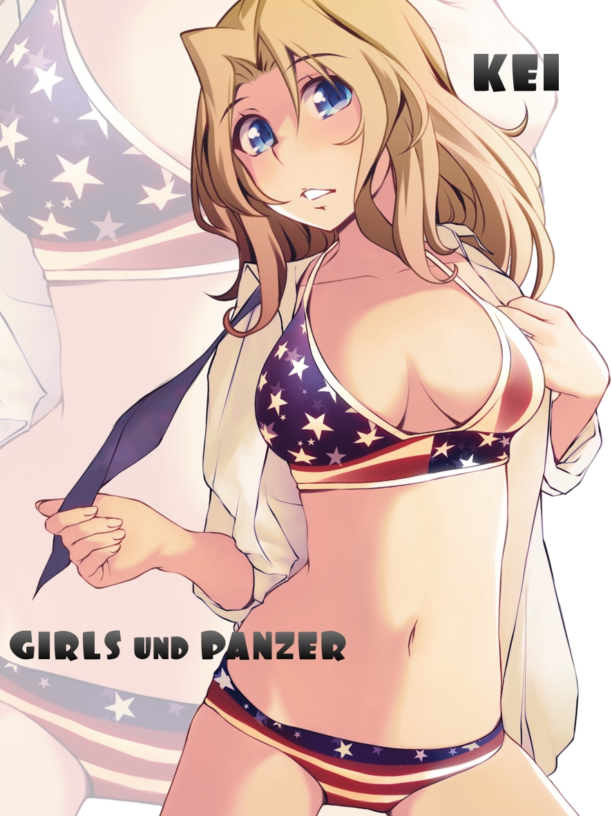 1girl american_flag_bikini bikini bikini_under_clothes blonde_hair blue_eyes breasts character_name chuutaro_metal copyright_name cowboy_shot dress_shirt flag_print girls_und_panzer hair_intakes halterneck head_tilt kay_(girls_und_panzer) looking_at_viewer medium_breasts medium_hair navel necktie open_clothes open_shirt parted_lips shirt sleeves_rolled_up solo standing swimsuit undone_necktie white_shirt zoom_layer