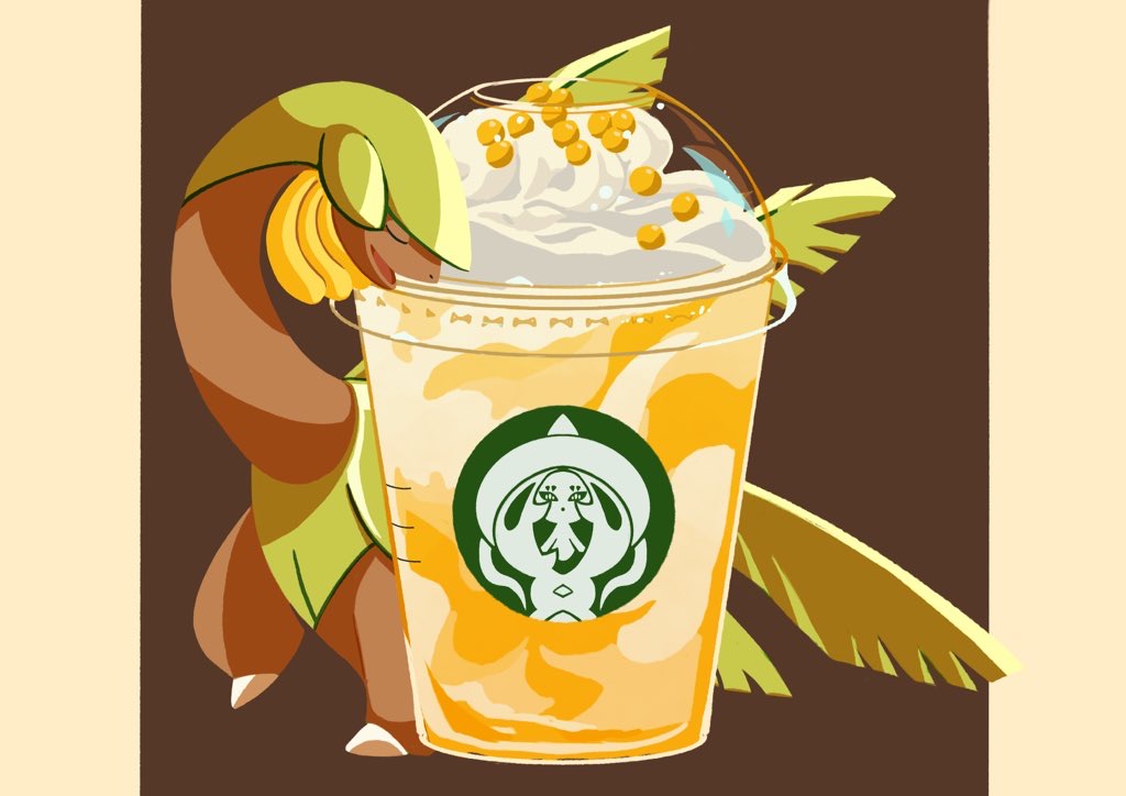 animal_focus brown_background cappuccino_(drink) closed_eyes coffee_cup cup disposable_cup drink food_focus hatterene mi_ho_chi no_humans nostrils open_mouth pokemon pokemon_(creature) solo starbucks tropius whipped_cream