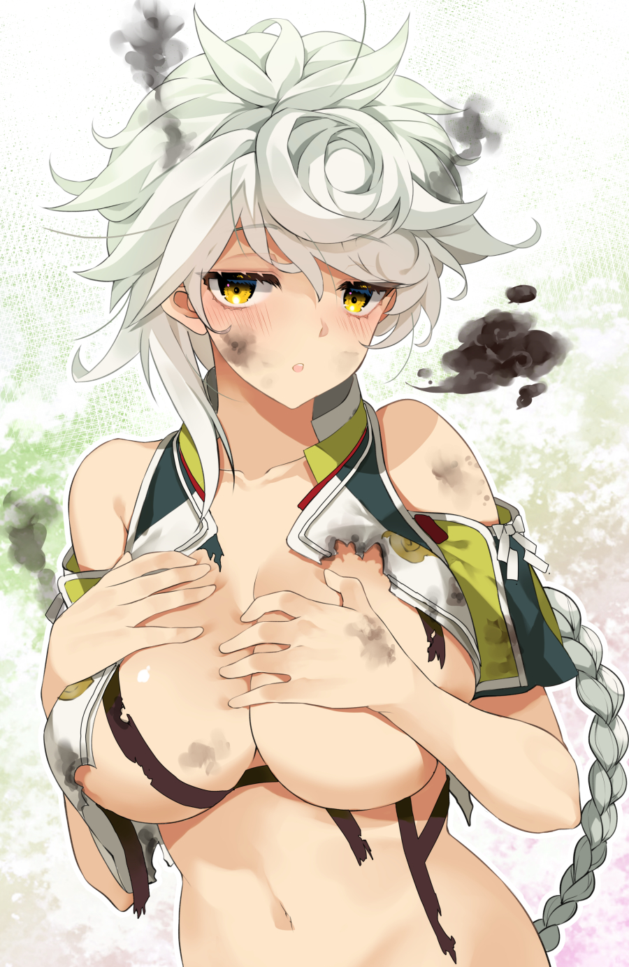 1girl ariko_youichi bare_shoulders blush braid breasts collarbone commentary_request commission crop_top hands_on_own_chest highres kantai_collection large_breasts long_hair looking_at_viewer messy_hair navel open_mouth short_sleeves single_braid skeb_commission smoke solo stomach torn_clothes unryuu_(kancolle) unryuu_kai_(kancolle) white_hair yellow_eyes