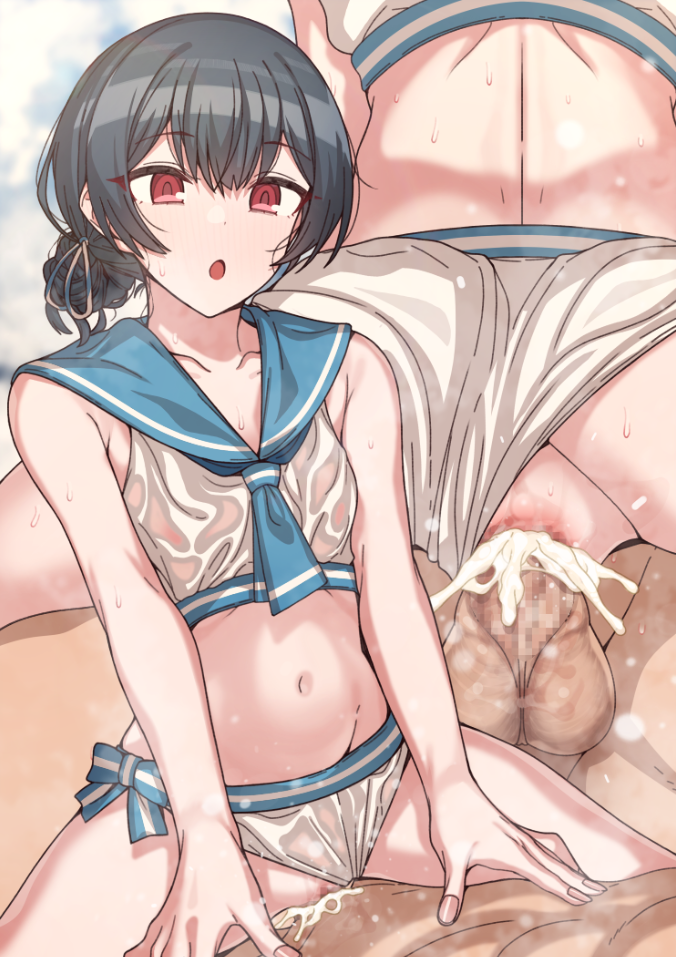 1boy 1girl :d back bikini bikini_bottom_aside black_hair blush breasts censored clothing_aside cowgirl_position cum cum_in_pussy erere hetero idolmaster idolmaster_shiny_colors morino_rinze mosaic_censoring multiple_views navel open_mouth penis ponytail pussy_juice red_eyes sailor_bikini sailor_collar sailor_swimsuit_(idolmaster) sex smile spread_legs straddling sweat swimsuit testicles vaginal white_bikini