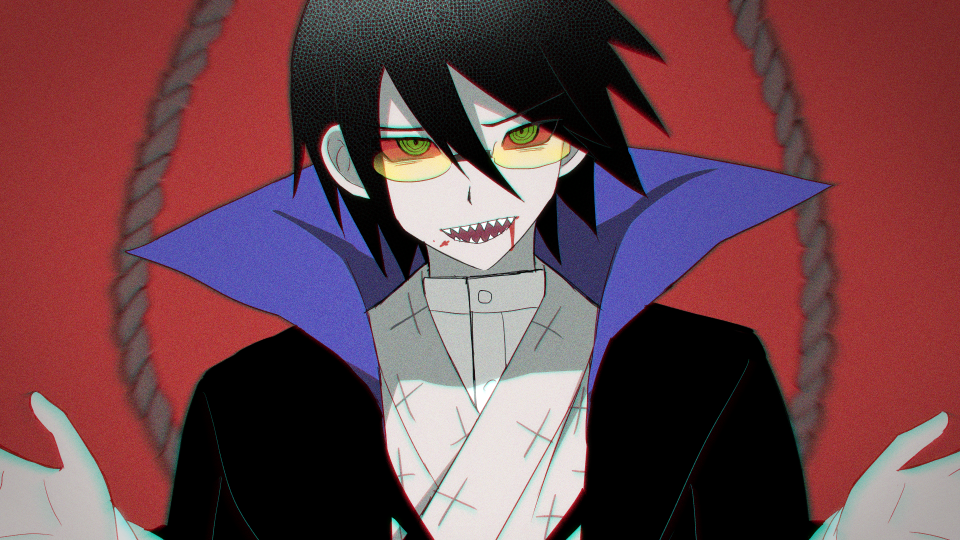 1boy black_hair black_robe blood blood_on_face chromatic_aberration colored_sclera colored_skin green_eyes grey_skin hair_between_eyes high_collar itoshiki_nozomu japanese_clothes magusagari male_focus noose official_alternate_costume official_alternate_eye_color open_mouth outstretched_arms red_background red_sclera robe sayonara_zetsubou_sensei sharp_teeth simple_background solo spread_arms teeth upper_body