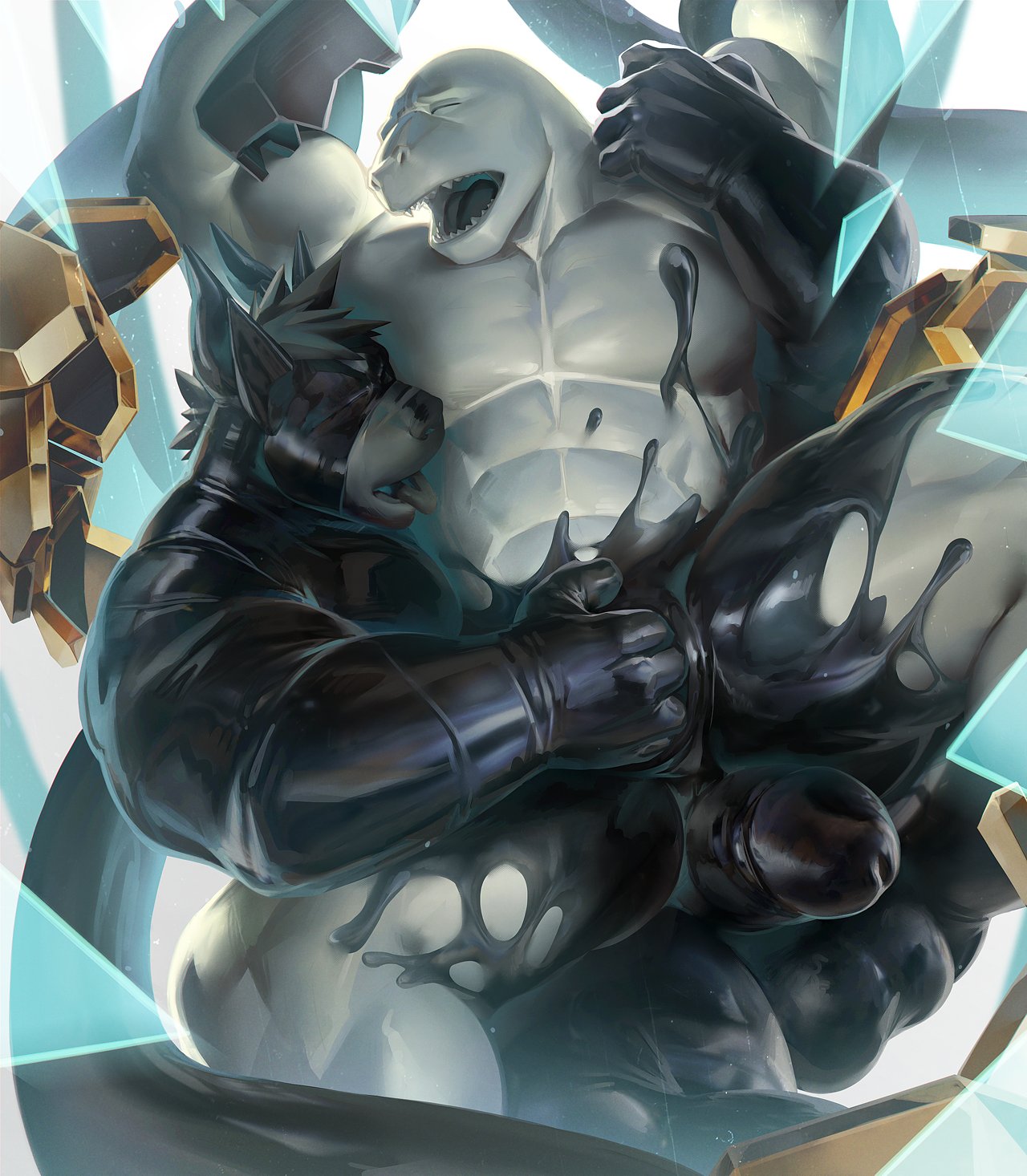 2020 abs anthro anus armor balls biceps black_body black_hair black_slime canid canine chair_position duo eyes_closed fingering from_behind_position front_view genitals goo_transformation hair hi_res horn licking lizard machine male male/male mammal muscular muscular_anthro muscular_male o_(takahirosi) pecs penis quads reptile restrained_arms scales scalie sex slime slit slit_fingering takahirosi thick_thighs tongue tongue_out transformation white_body white_scales xinghejie