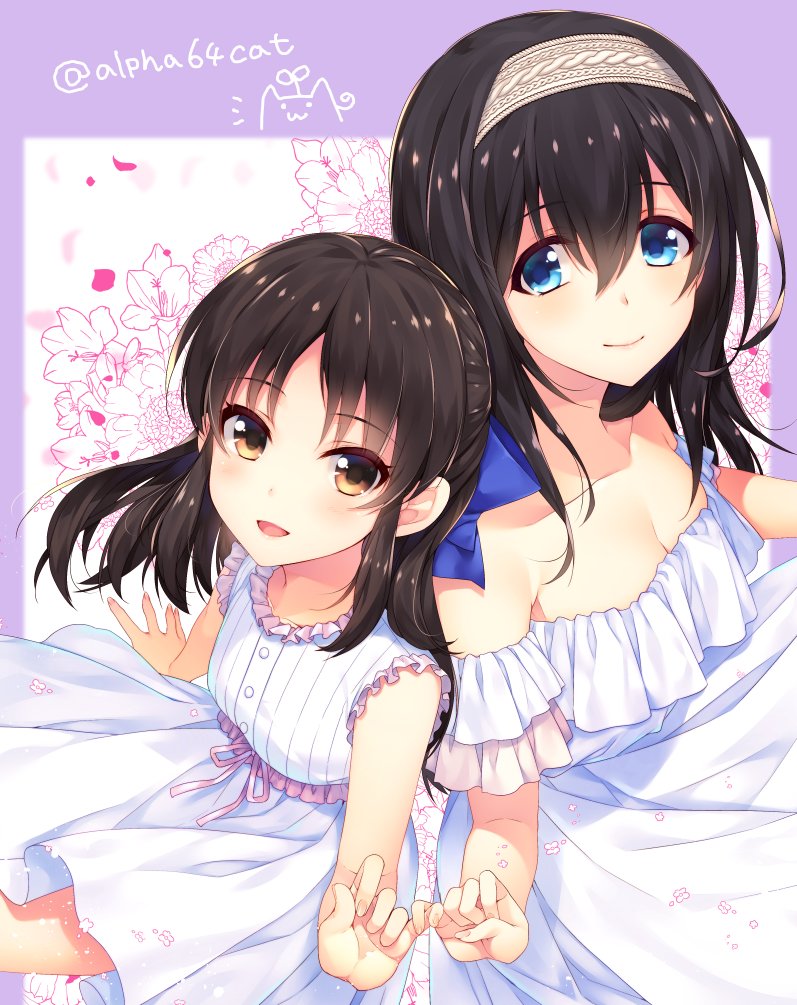 2girls alpha_(yukai_na_nakamatachi) arm_support bare_shoulders black_hair blue_eyes blue_ribbon blush bow breasts brown_eyes cleavage collarbone detached_sleeves dress dress_bow falling_petals floral_background frilled_dress frilled_sleeves frills from_above grid_background hair_between_eyes hair_ribbon hairband idolmaster idolmaster_cinderella_girls idolmaster_cinderella_girls_starlight_stage large_breasts long_hair looking_at_viewer looking_up multiple_girls open_mouth petals pink_bow pinky_swear purple_background ribbon sagisawa_fumika short_sleeves sitting sleeveless sleeveless_dress small_breasts smile striped striped_dress tachibana_arisu twitter_username white_dress