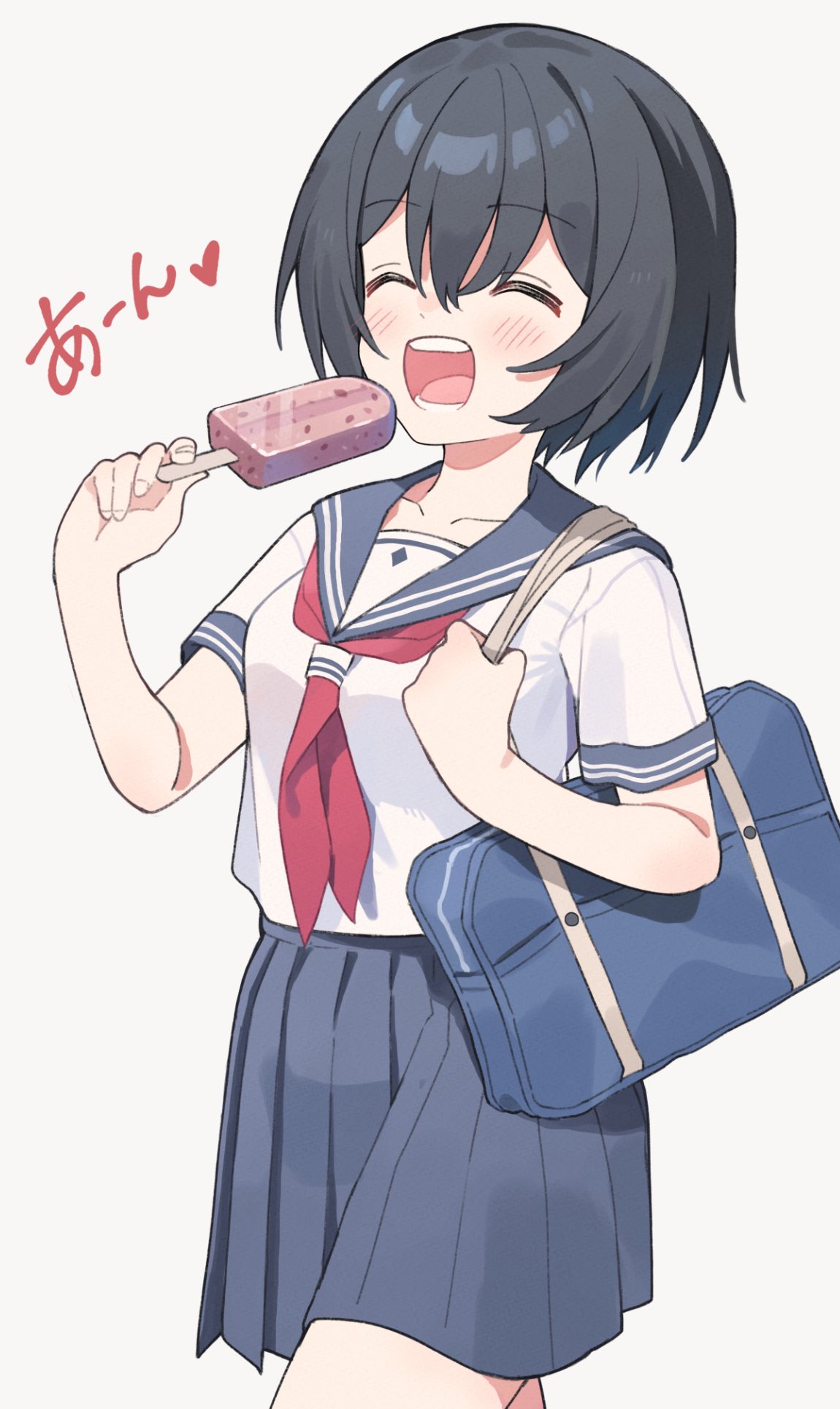 1girl bag black_hair blue_sailor_collar blue_skirt blush breasts closed_eyes commentary_request facing_viewer food food_request grey_background hair_between_eyes highres holding holding_food neckerchief nirareba open_mouth original pleated_skirt red_neckerchief sailor_collar school_bag see-through shirt short_hair short_sleeves simple_background skirt small_breasts solo teeth translation_request upper_teeth_only white_shirt